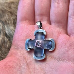 Sterling silver ERCOLE MORETTI blue and pink millefiori glass cross pendant